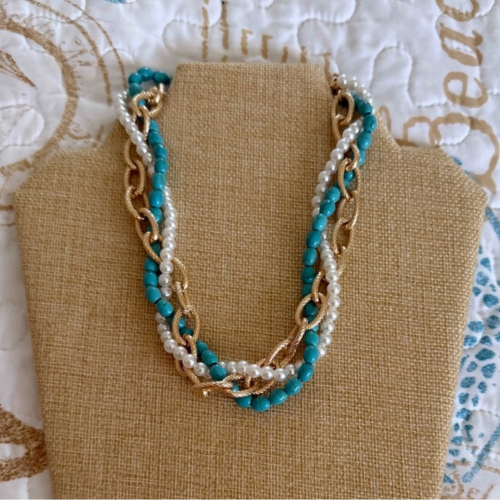 Chic Gold and Turquoise Beaded Necklace